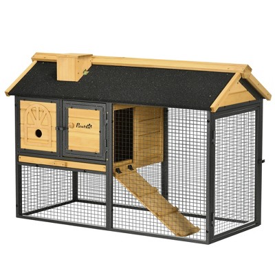 PawHut Rolling Metal Rabbit, Guinea Pig, or Small Animal Hutch Cage with Main House and Run, 47 L