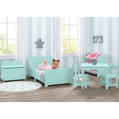 Complete bedroom set for a toddler: bed, dresser, desk, table and chairs in mint green