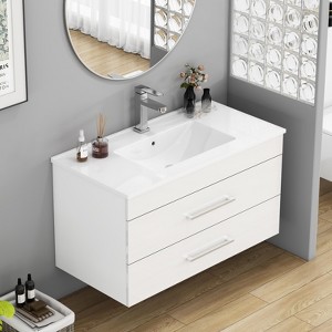 KWPZQEB Gloss Wall-Mounted Bathroom Vanity with Ceramic Sink, Modern Floating Vanity with Doors & Soft-Close System, Wall Mount Storage Cabinet, White - 1 of 4