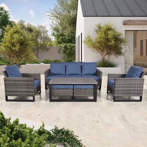 Belord 6 Pieces Outdoor Patio Furniture Set, Gray Wicker Rattan Patio Sofa Set with Chair, Ottoman and Coffee Table for Porch Deck Balcony - 1 of 4