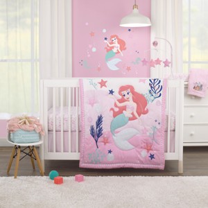 Disney The Little Mermaid Pink, Aqua, and Coral Ariel Cute by Nature 4 Piece Nursery Crib Bedding Set - 1 of 4