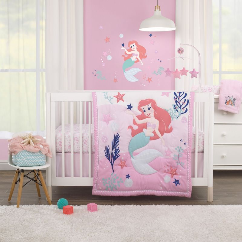 Disney The Little Mermaid Pink, Aqua, and Coral Ariel Cute by Nature 4 Piece Nursery Crib Bedding Set, 1 of 9