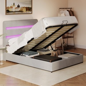 Full/Queen/King Size Velvet Upholstered Platform Bed, Lift-Up Hydraulic Storage Bed with RGB LED Light Headboard - ModernLuxe - 1 of 4