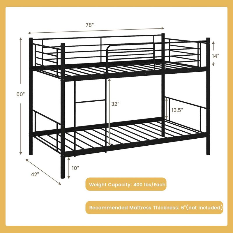 Costway Metal Twin Over Twin Bunk Bed with Built-in Ladder Safety Guardrail Black/White, 3 of 10