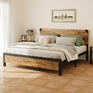 Bed Frame with Wooden Headboard,Platform with Under Bed Storage,Strong Wood Slats Support,Noise Free,No Box Spring Needed, Easy Assembly,Rustic Brown - 1 of 4
