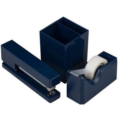 JAM Paper Stapler, Tape Dispenser & Pen Holder Desk Set Navy