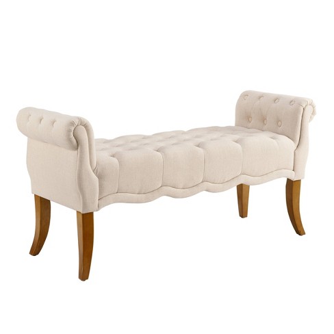 Madison French Traditional Roll Arm Tufted Bench Charcoal Natural Linen Linon