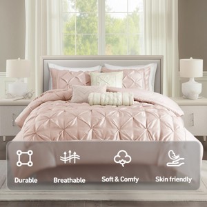 7 Pcs Faux Silk Bedding Set, Solid Color RIAB Royal Style Comforter Set, Tufted Dimensional Design Smooth Edge Comforter with Matching Pillow Cases - 1 of 4