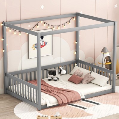 Okak Twin/Full Size Bed Frame with Canopy-Style Top & Guardrails, Modern Floor Bed with Fence for Toddlers/Kids Bedroom