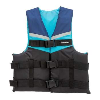 Kwik Tek Airhead Classic US Coast Guard Approved Type III Family Adult Life Vest Jacket with 4 Quick Release Belts, 2XL/3XL, Blue/Gray