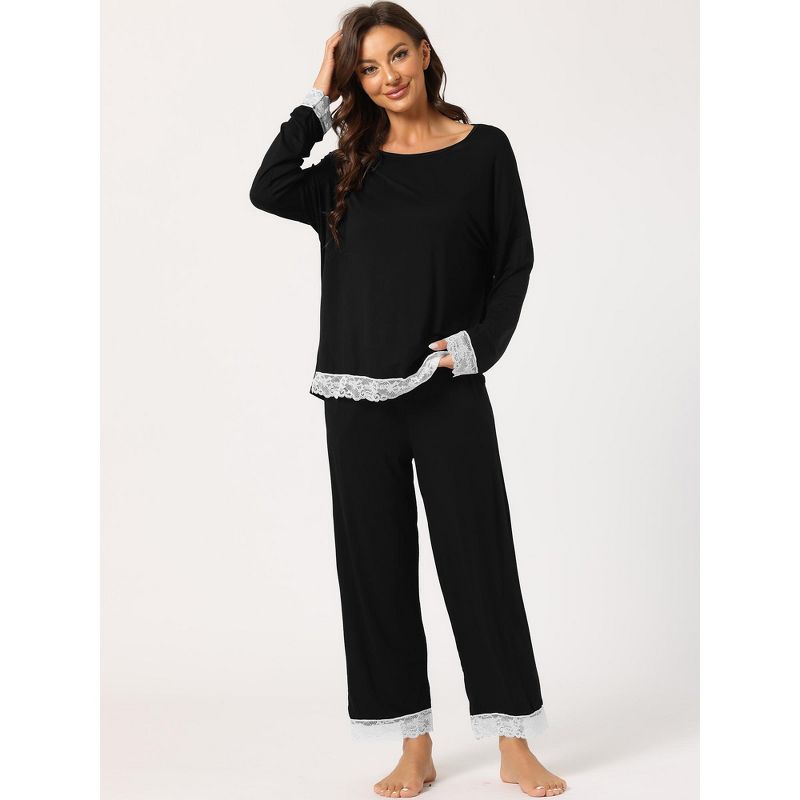 cheibear Women's Soft Lace Trim Knit Stretchy Long Sleeve Sleepwear Pajama Set, 2 of 6
