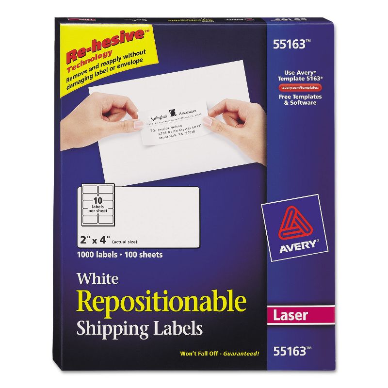 Avery Repositionable Shipping Labels Inkjet/Laser 2 x 4 White 1000/Box 55163, 1 of 8