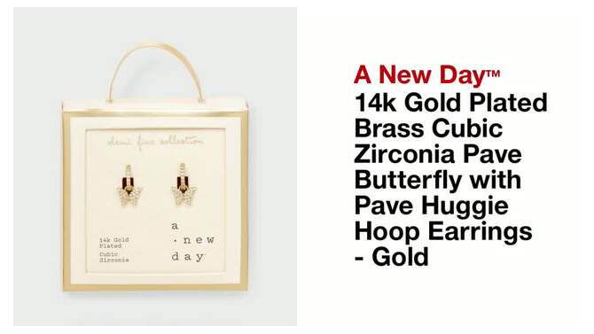 14k Gold Plated Brass Cubic Zirconia Pave Butterfly with Pave Huggie Hoop Earrings - A New Day&#8482; Gold, 2 of 5, play video