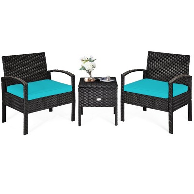 Tangkula 3-Piece Patio Wicker Storage Table & Chair Set Outdoor Conversation Set Red/Turquoise