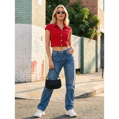 INSPIRE CHIC Women's Summer Denim Button Down Short Sleeve Cropped Jean Jackets Medium Red — фото 2