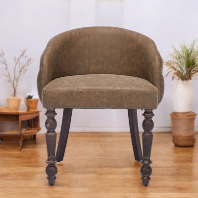Alilang 21.30 inch Faux Leather Barrel-Back Accent Chair with Tufted Backrest and Turned Wood Legs-Brown
