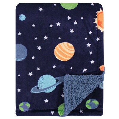 Hudson Baby Infant Boy Plush Blanket with Faux Shearling Back, Solar System, One Size