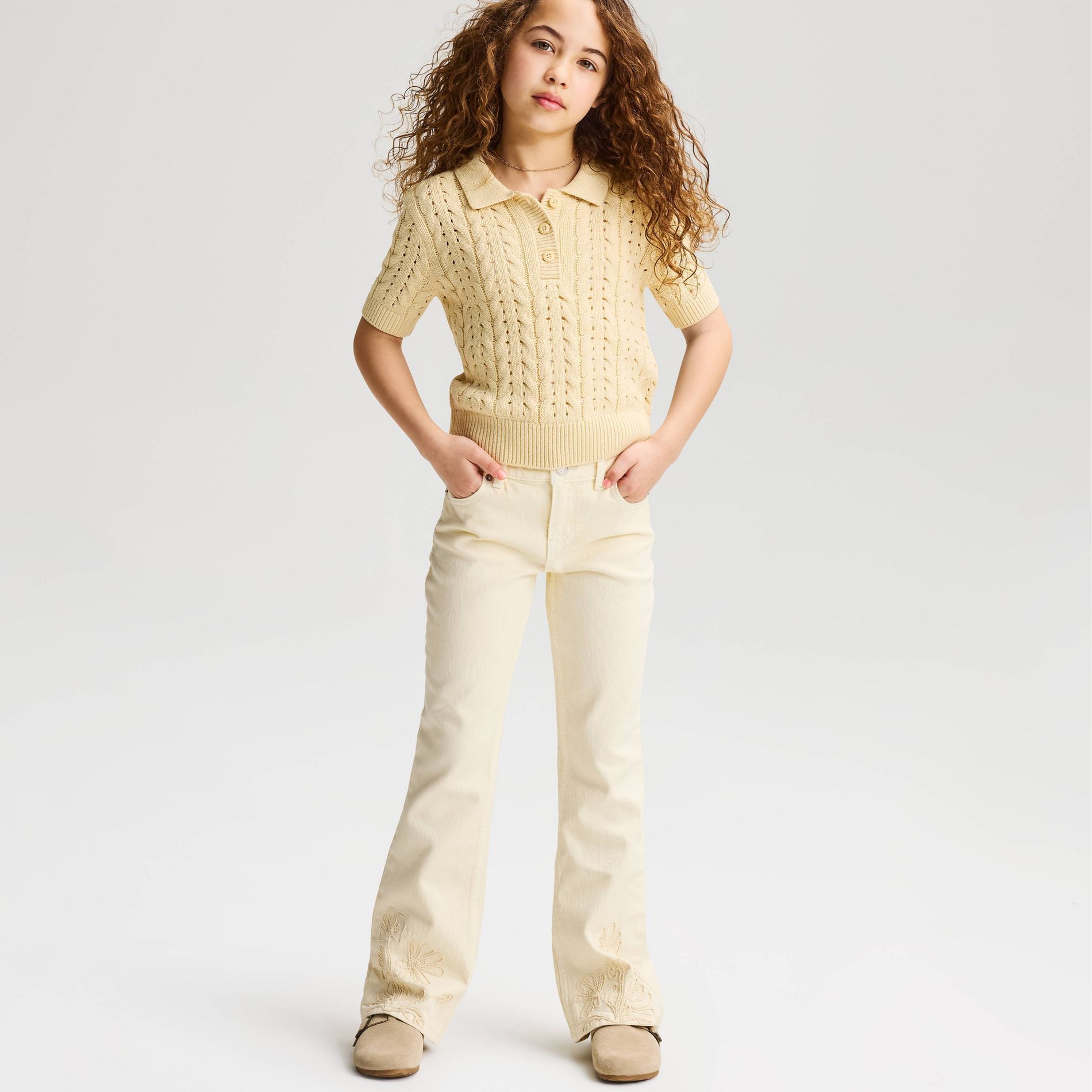 Girls' Mid-Rise Bootcut Embroidered-Hem Jeans - Cat & Jack™ Off White 10