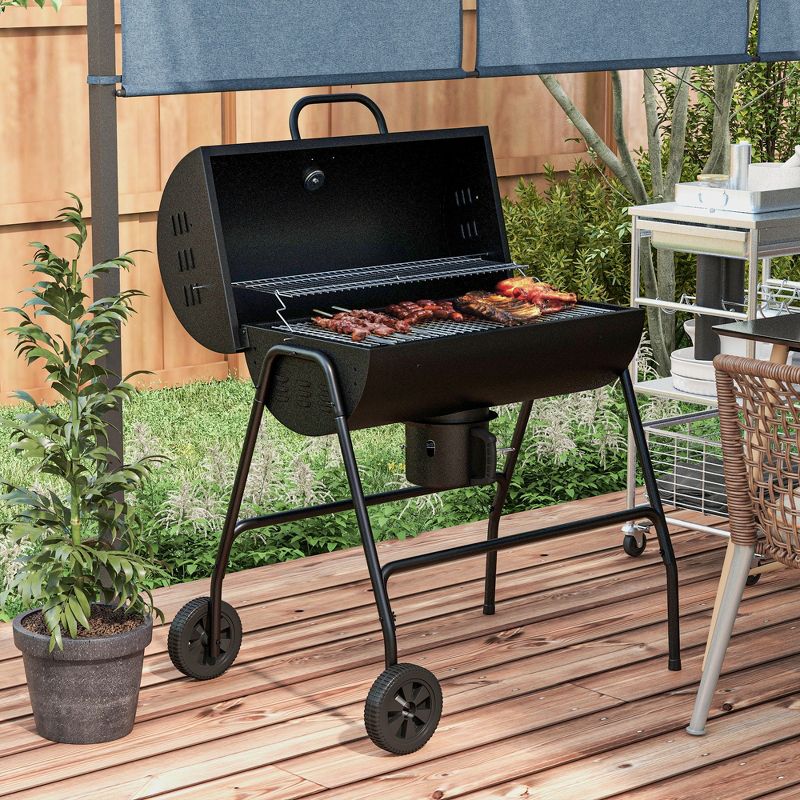 Outsunny Barrel Charcoal BBQ Grill with 420 sq.in. Cooking Area, Wheeled Outdoor Barbecue, Black, 3 of 7