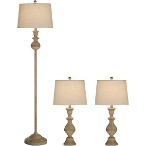 Regency Hill Bly Urn Farmhouse Rustic Traditional Table and Floor Lamp Set Brown Faux Light Wood Finish Off-White Shade Living Room Bedroom Bedside - 1 of 1