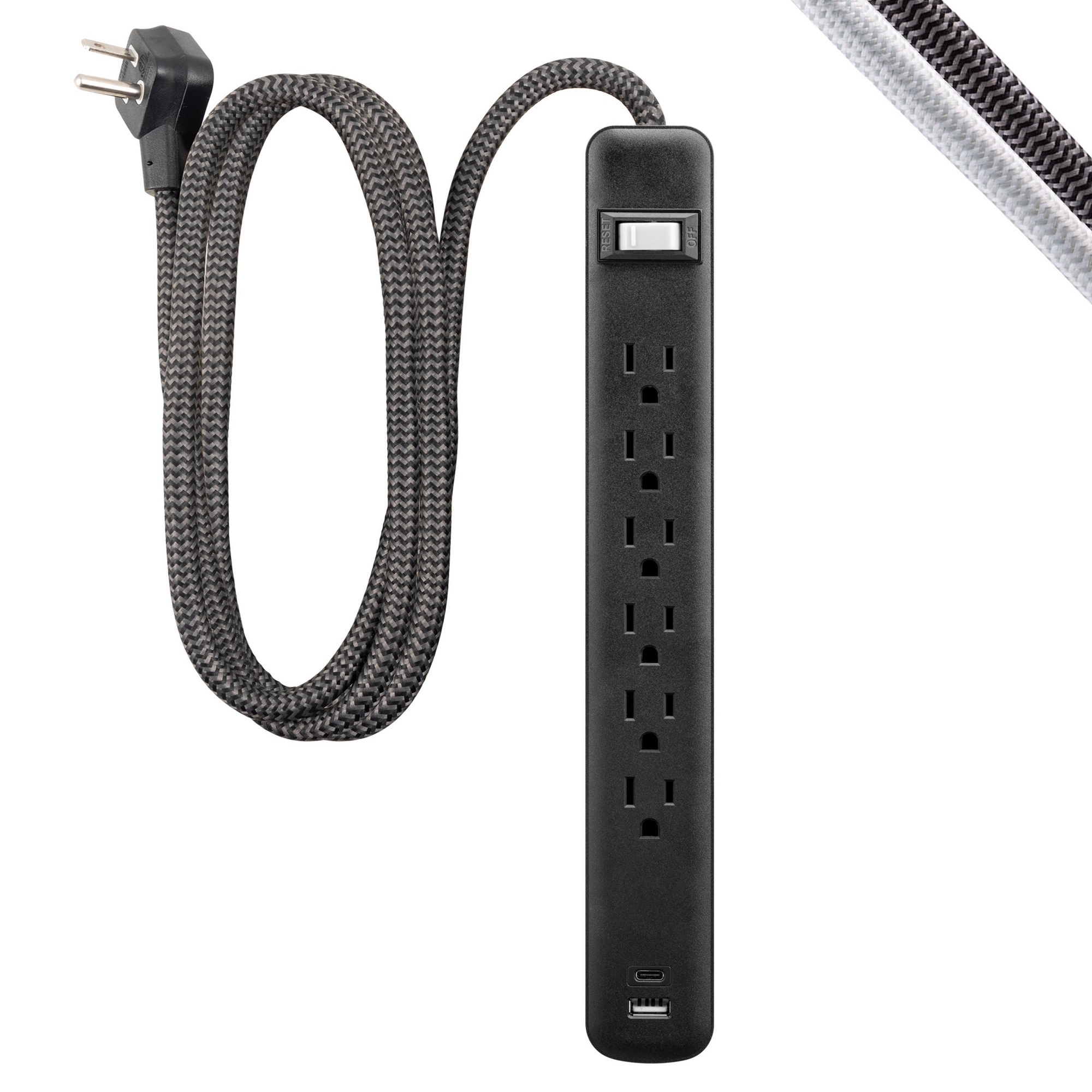 GE 6-Outlet Power Strip 1 USB-A 1 USB-C 15W Shared 6' Braided Cord Black: Electrical Strip, 14 AWG, 3.6 Amps
