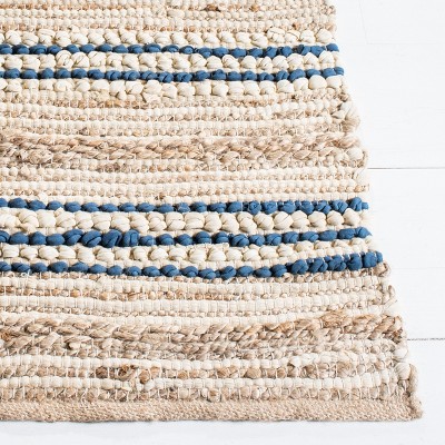 Cape Cod Natural and Blue Handwoven Cotton Area Rug, 5' x 8'