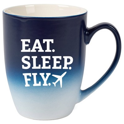 Elanze Designs Eat Sleep Fly Two Toned Ombre Matte Navy Blue and White 12 ounce Ceramic Stoneware Coffee Cup Mug