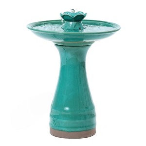 LuxenHome 22" Ceramic Bird Bath Fountain, Glazed Outdoor Water Feature with Lotus Design, Freestanding Birdbath Garden Decor Blue - 1 of 4