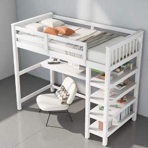 Twin Size Loft Bed with Desk and Storage Shelves, Space-Saving Wooden Frame with Guardrails - 1 of 4