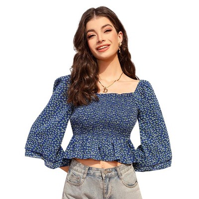 WhizMax Women Top Casual 3/4 Sleeve Floral Blouse Shirts Shoulder Tops Square Neck Floral Boho Smocked Blouses shirt