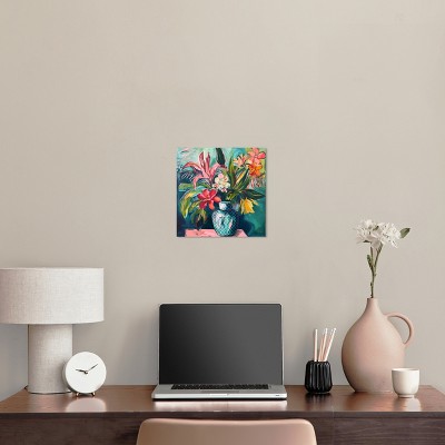 Vibrant Tropical Flowers in Teal Vase Canvas Art, 12" x 12"