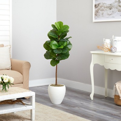Lush Green 56" Fiddle Leaf Fig Artificial Tree in White Planter
