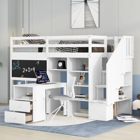 Twin Size Loft Bed with Wardrobe and Staircase, Wood Loft Bed