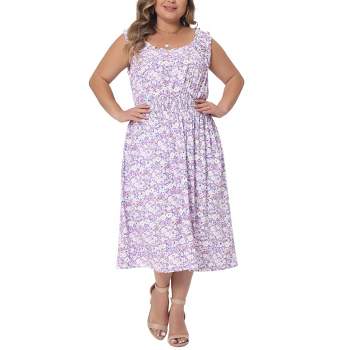 Agnes Orinda Women's Plus Size Square Neck Sleeveless Floral Flowy Stretchy Waist Midi A Line Dresses