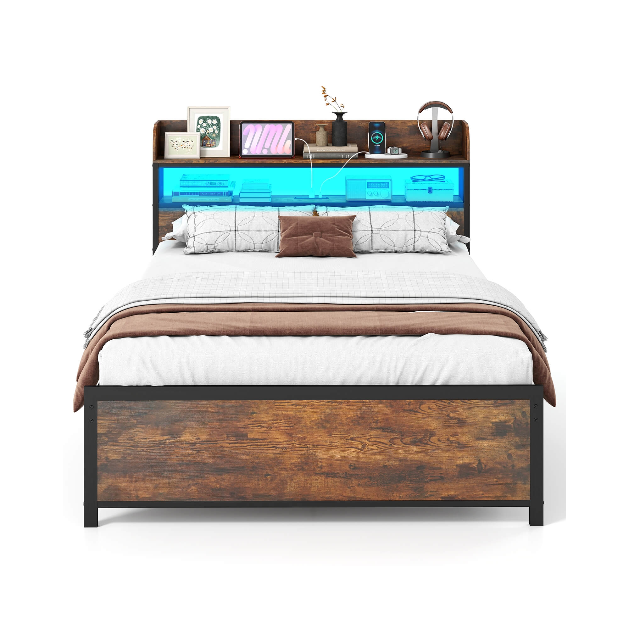 Costway Full Bed Frame with LED Lights Power Outlets Storage Headboard Metal Slat Support