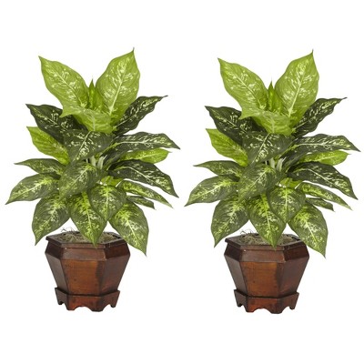 Lush Two-Tone Dieffenbachia Silk Plant Duo with Wooden Vase