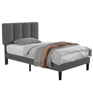 VECELO Upholstered Bed Frame with Adjustable Headboard, Heavy-Duty Platform Bed with Strong Wood Slat Support, No Box Spring Needed - 1 of 4