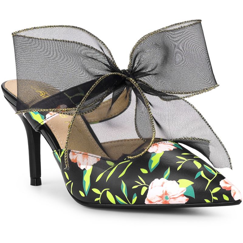 Allegra K Women's Floral Printed Lace Strap Stiletto Heels Mules, 1 of 7