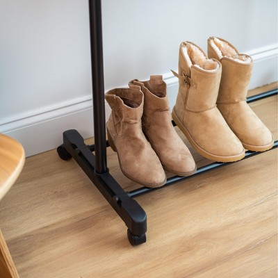 Adjustable Black Metal Single Rod Garment Rack with Wheels