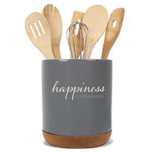 Elanze Designs Happiness is Homemade Ceramic Cork Bottom Gray Large Capacity Utensil Holder Crock for Countertop Storage, Stylish & Durable for - 1 of 4
