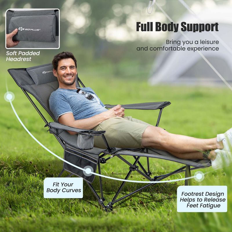 Costway Folding Camping Chair with Detachable Footrest for Fishing, Camp, Picnics Khaki/Grey, 5 of 11