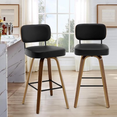 Bekrvio 26"/29" Mid-Century Modern Swivel Bar Stools Set of 1/2/3/4- Faux Leather Upholstered with Back and Bent Wood Legs,Ideal for Kitchen Island
