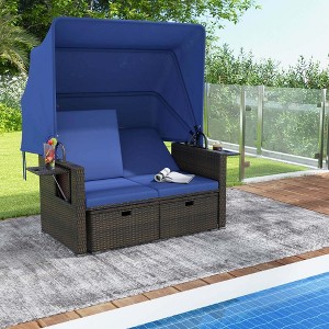 Costway Outdoor Patio Rattan Daybed with Retractable Canopy & Adjustable Backrests Beige/Red/Blue - 1 of 4