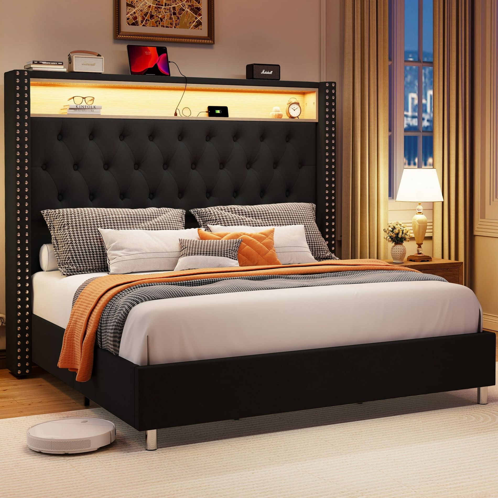AMERLIFE LED Bed Frame,Charging Station and Storage Upholstered Headboard, Velvet