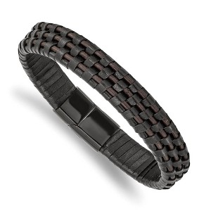 Black Bow Jewelry 12mm Black Plated Stainless Steel Two Tone Leather Bracelet, 8.25 Inch - 1 of 4