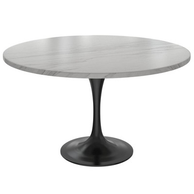 LeisureMod Verve Modern 48" Round Dining Table with Sintered Stone Tabletop in Black Stainless Steel Pedestal Base