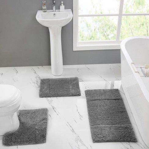 NICETOWN Grey Bathroom Rug Sets, Extra Thick Bath Rugs for Bathroom,  Anti-Slip Soft Plush Chenille Shaggy Bath Mats, Living Room Bedroom Mats,  Water