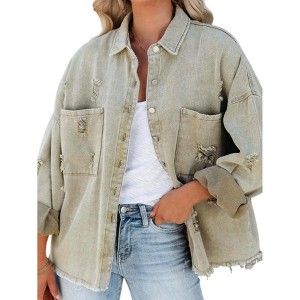 Womens Ripped Distressed Denim Jacket Tops Oversized Casual Long Sleeve Basic Jean Jacket Coats - 1 of 4