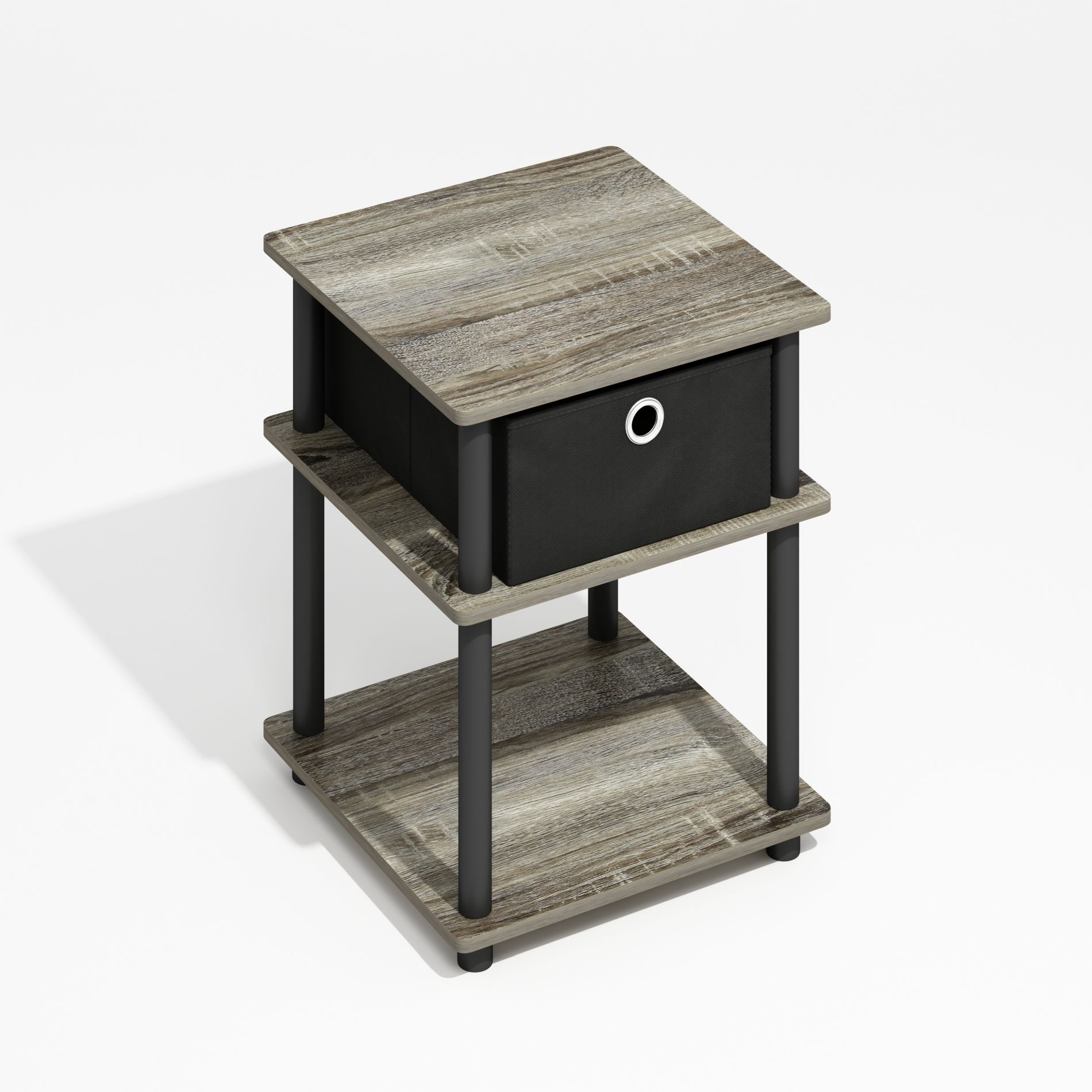 Furinno Turn-N-Tube 3-Tier End Table with Storage Bin, Grey Oak/Black/Black