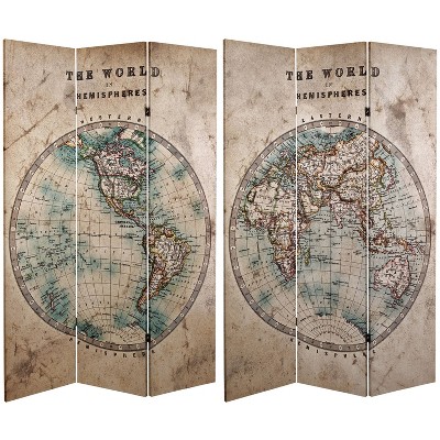 6" Double Sided Vintage Globe Canvas Room Divider Beige - Oriental Furniture